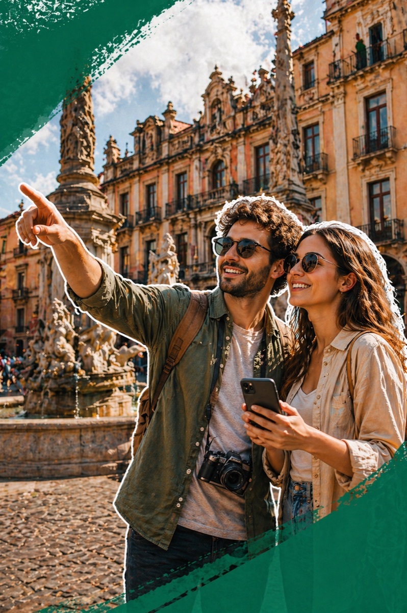 City guide — couple discovering a European plaza